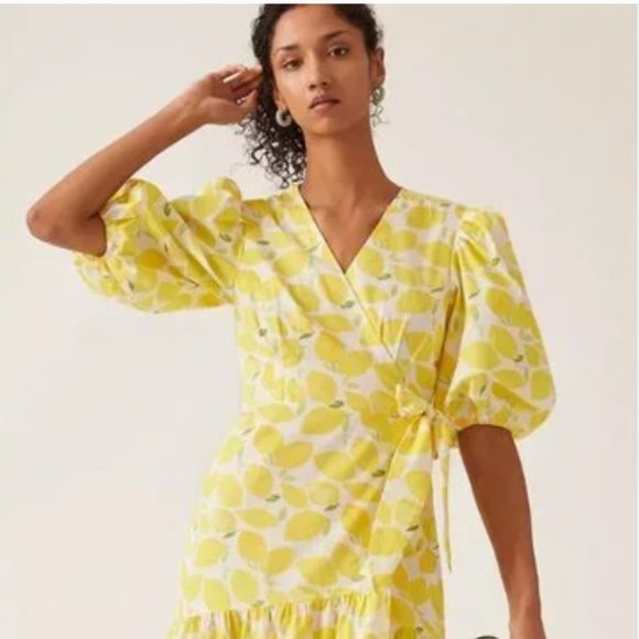 Anthro/Hutch V-Neck Tiered Wrap Midi Dress Size Large Lemon Citrus NWT - Picture 4 of 11